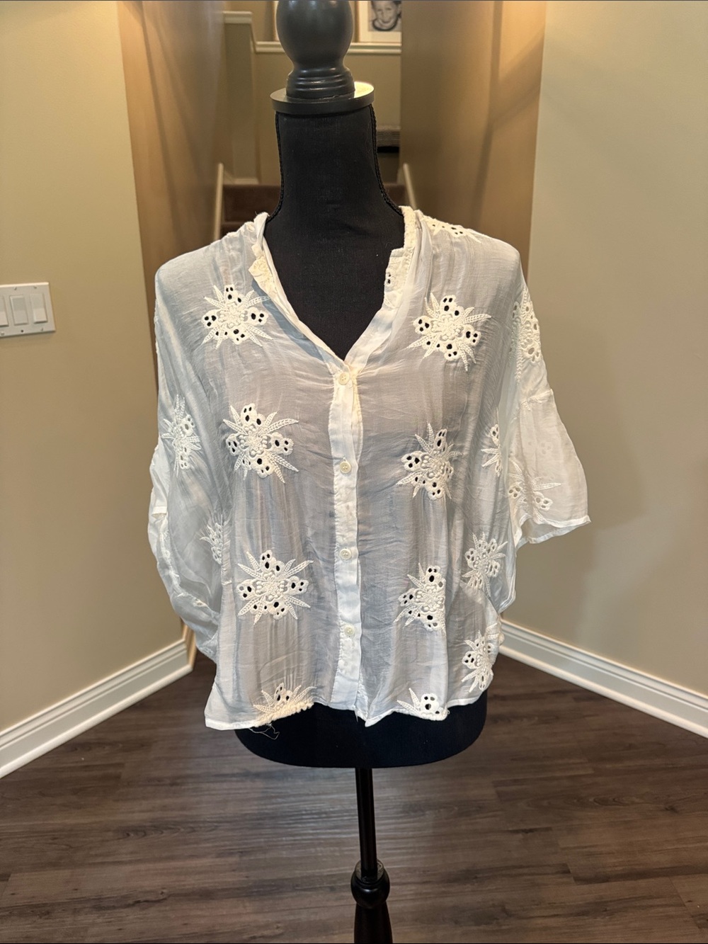 White Embroidered Button-Front Women's Top